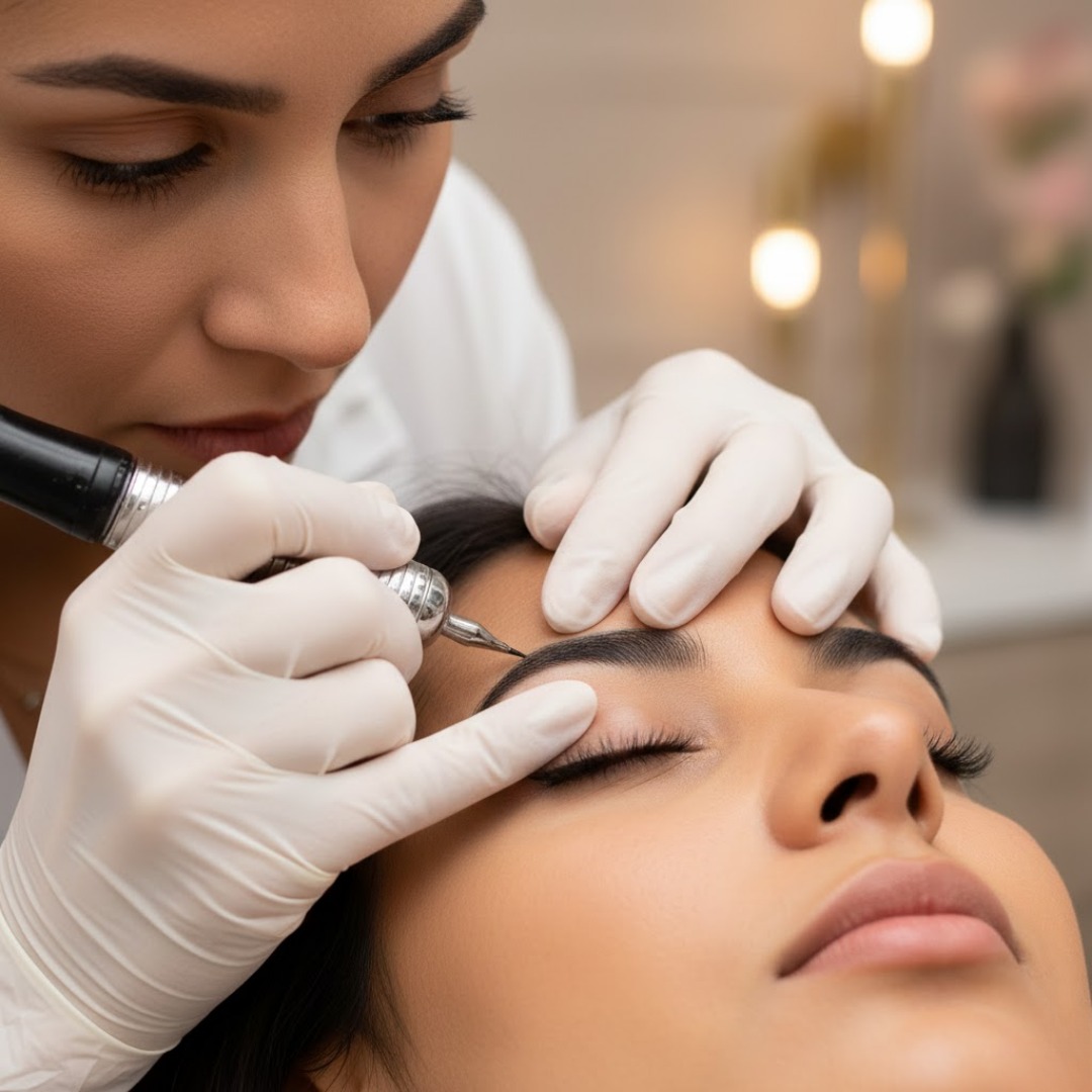 Before and after eyebrow microblading â€“ Indian woman